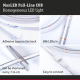 MaxLED Full-Line COB LED strip with 896 LEDs/m, adhesive backing, cuttable every 7.14 cm, easy to connect