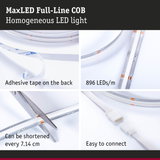 MaxLED Full-Line COB LED strip with adhesive tape, 896 LEDs per meter, cuttable every 7.14 cm, easy to connect