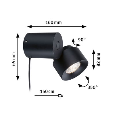 Sort metal LED-væglampe med justerbart hoved og 150 cm kabel til fleksibel belysning