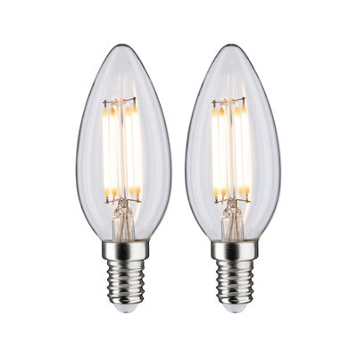 Zwei klare LED-Kerzenlampen mit E14-Fassung und warmweißem Licht für dekorative Beleuchtung