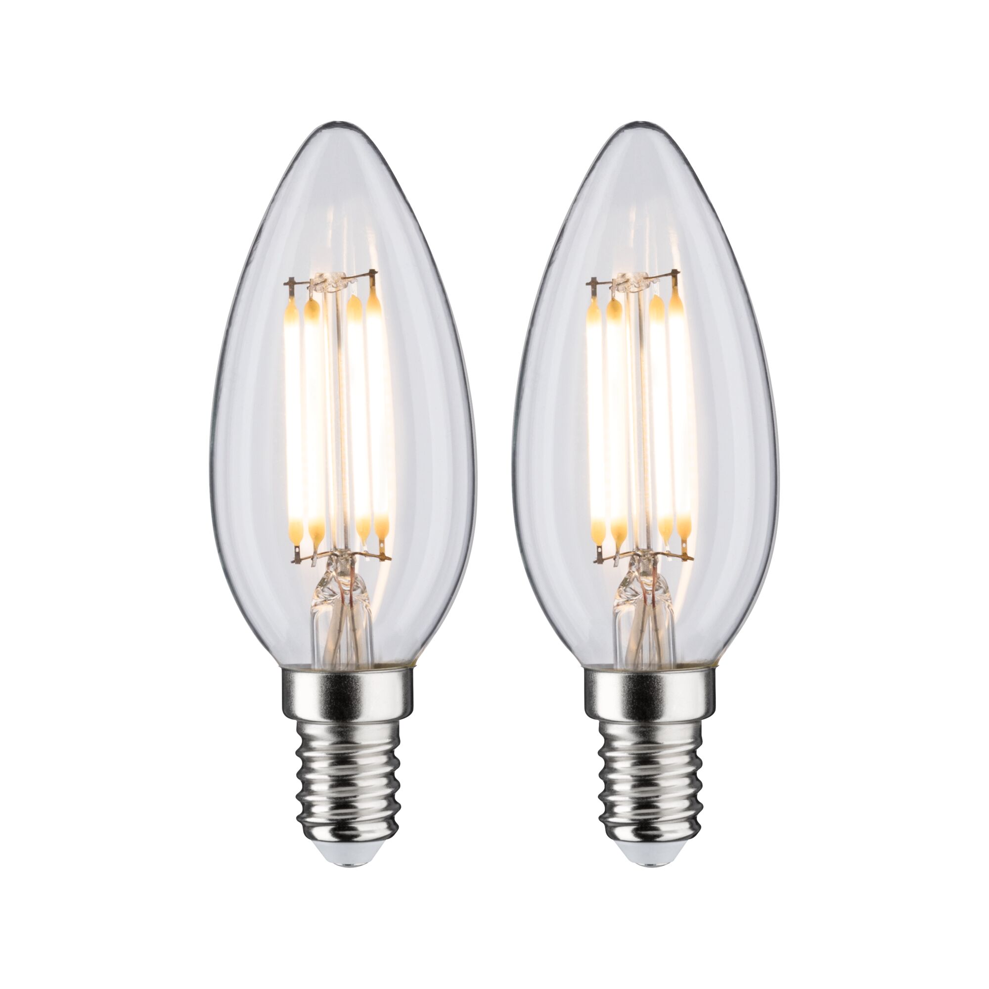 Zwei klare LED-Kerzenlampen mit E14-Fassung und warmweißem Licht für dekorative Beleuchtung