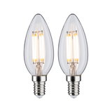 Zwei klare LED-Kerzenlampen mit E14-Fassung und warmweißem Licht für dekorative Beleuchtung