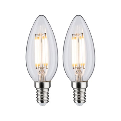 Zwei klare LED-Kerzenlampen mit E14-Fassung und warmweißem Licht für dekorative Beleuchtung