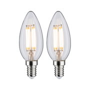 Zwei klare LED-Kerzenlampen mit E14-Fassung und warmweißem Licht für dekorative Beleuchtung