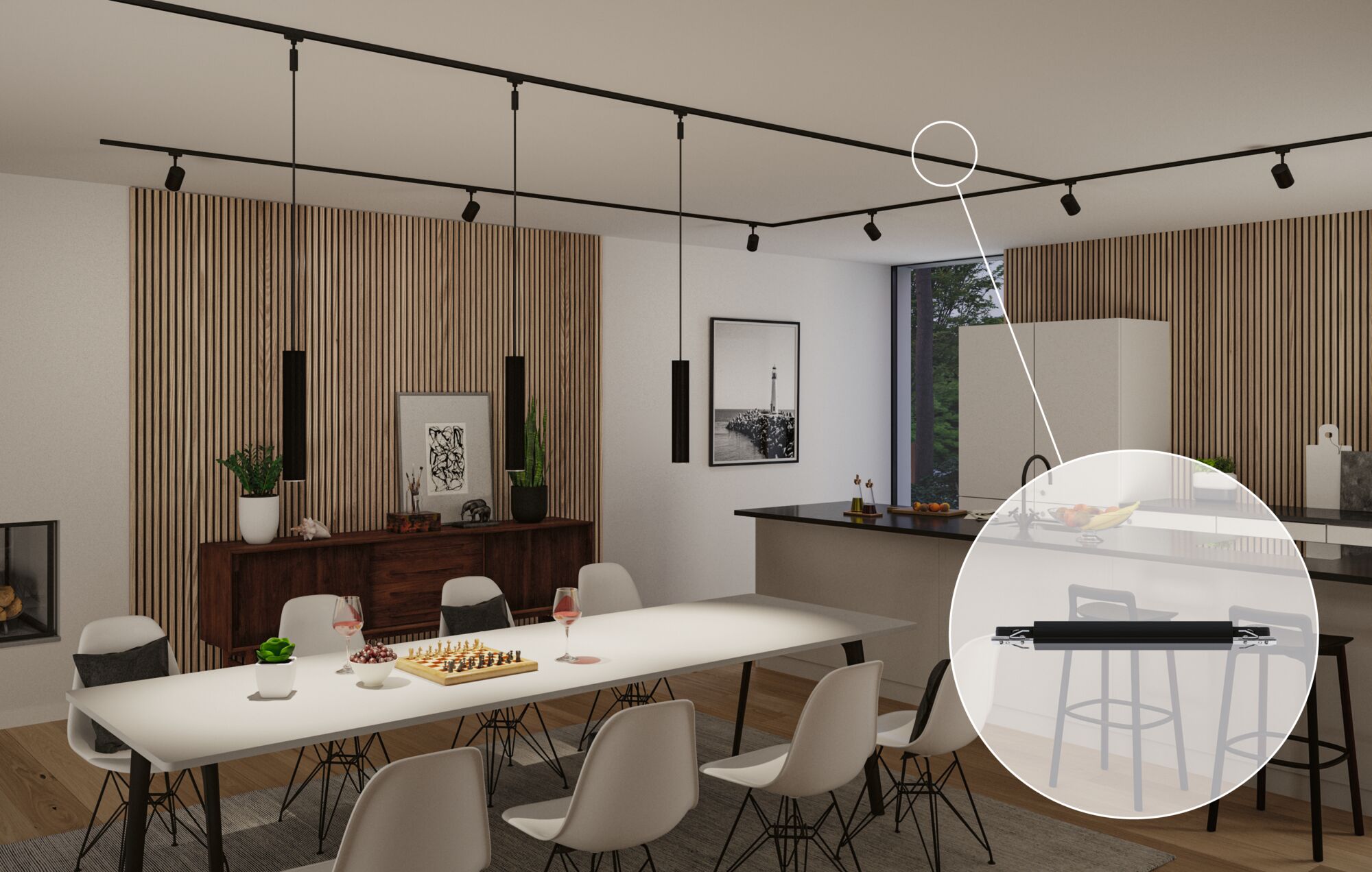 Salle à manger moderne avec rail d'éclairage noir en métal et spots LED noirs pour éclairage intérieur