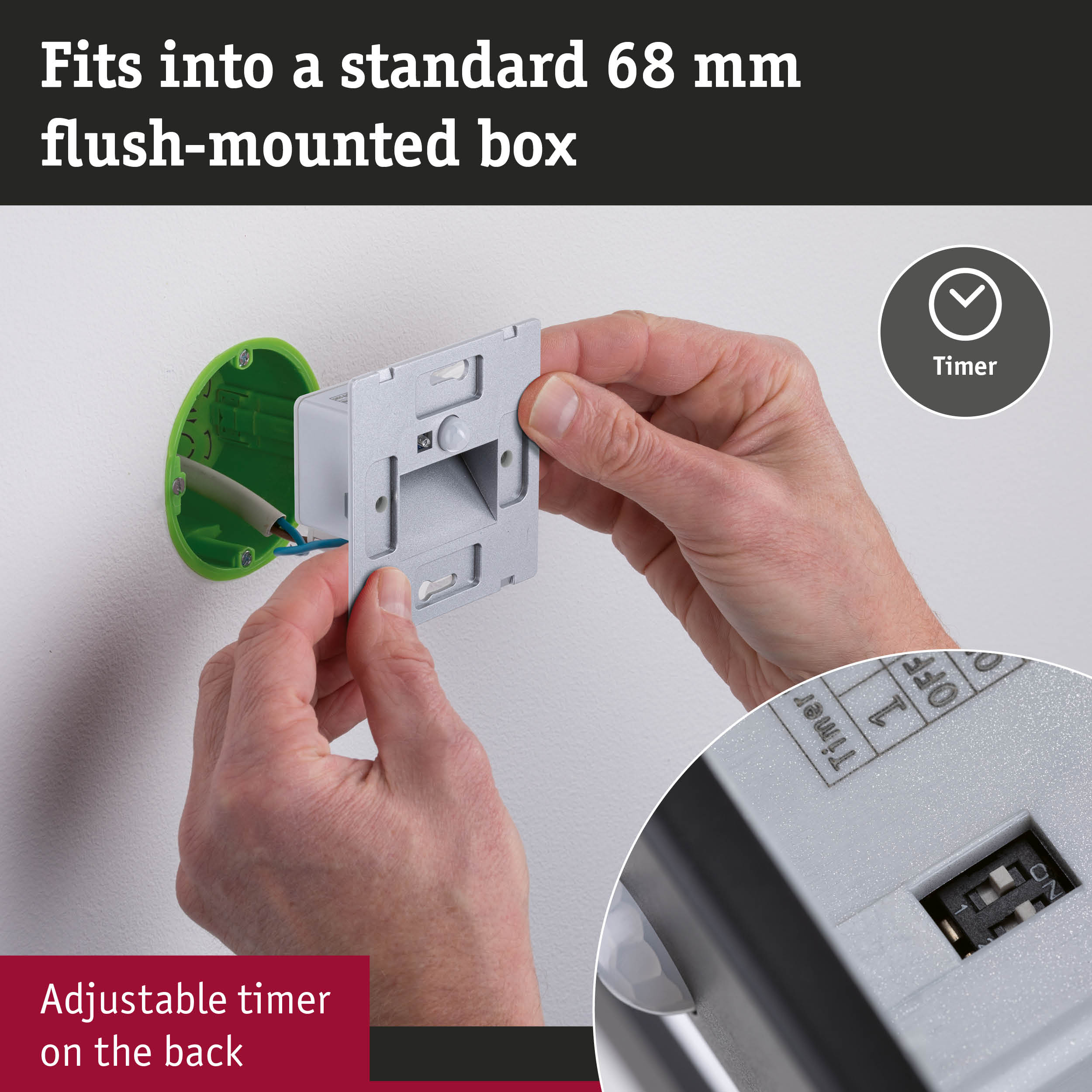 Electronic timer with adjustable clock fitting into standard 68 mm flush-mounted box