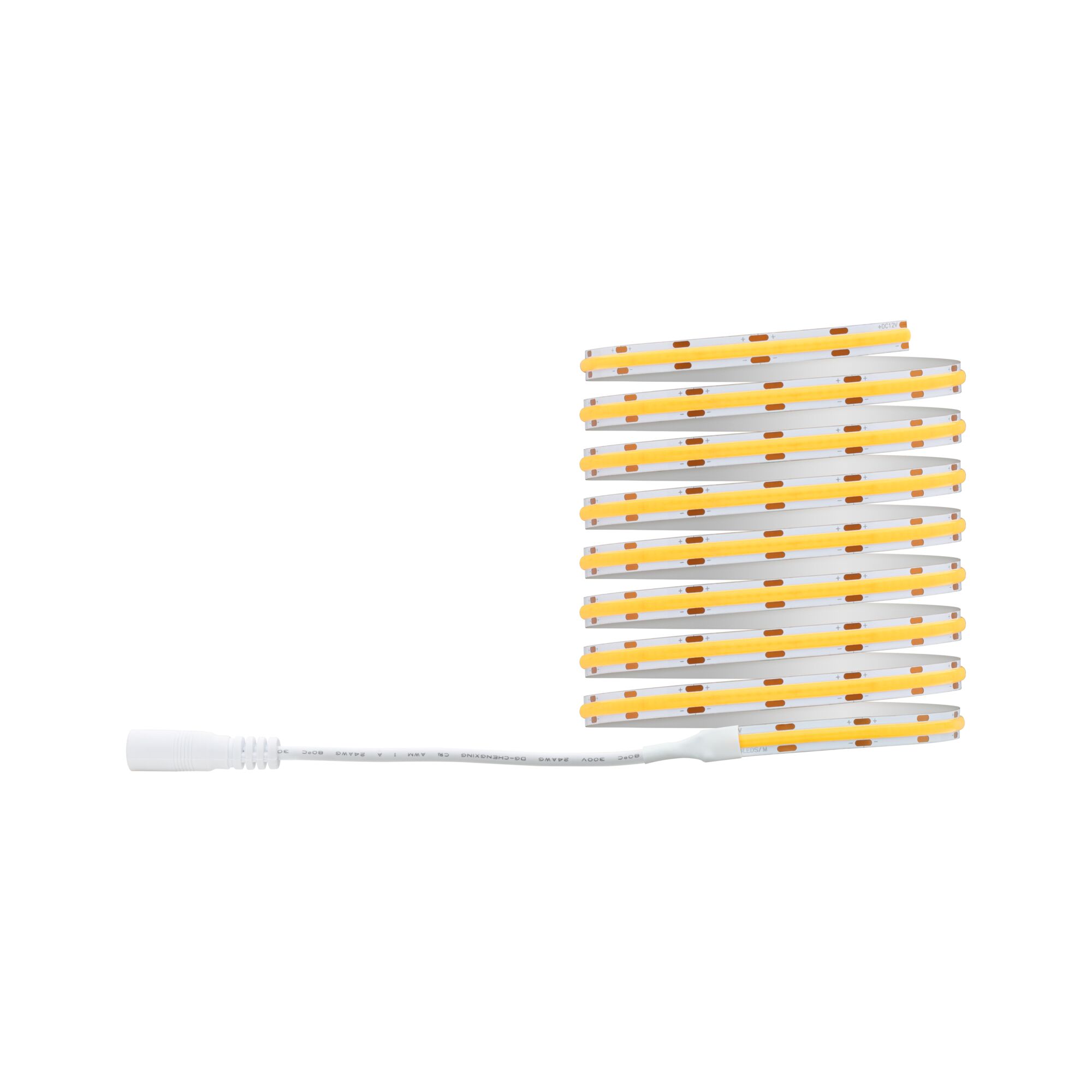 Fleksibel LED-strimmel med hvide og gule dioder og hvid tilslutningskabel til lysdekoration.