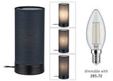 Dunkelblaue Stoff-Tischlampe mit schwarzem Sockel und dimmbarer LED-Kerzenlampe für Wohnraumbeleuchtung