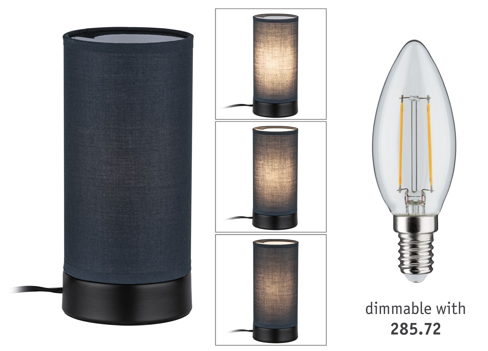 Dark blue fabric table lamp with black base and dimmable LED candle bulb for ambient lighting