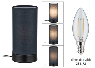 Lampe de table en tissu bleu foncé avec base noire et ampoule LED dimmable pour éclairage d'ambiance