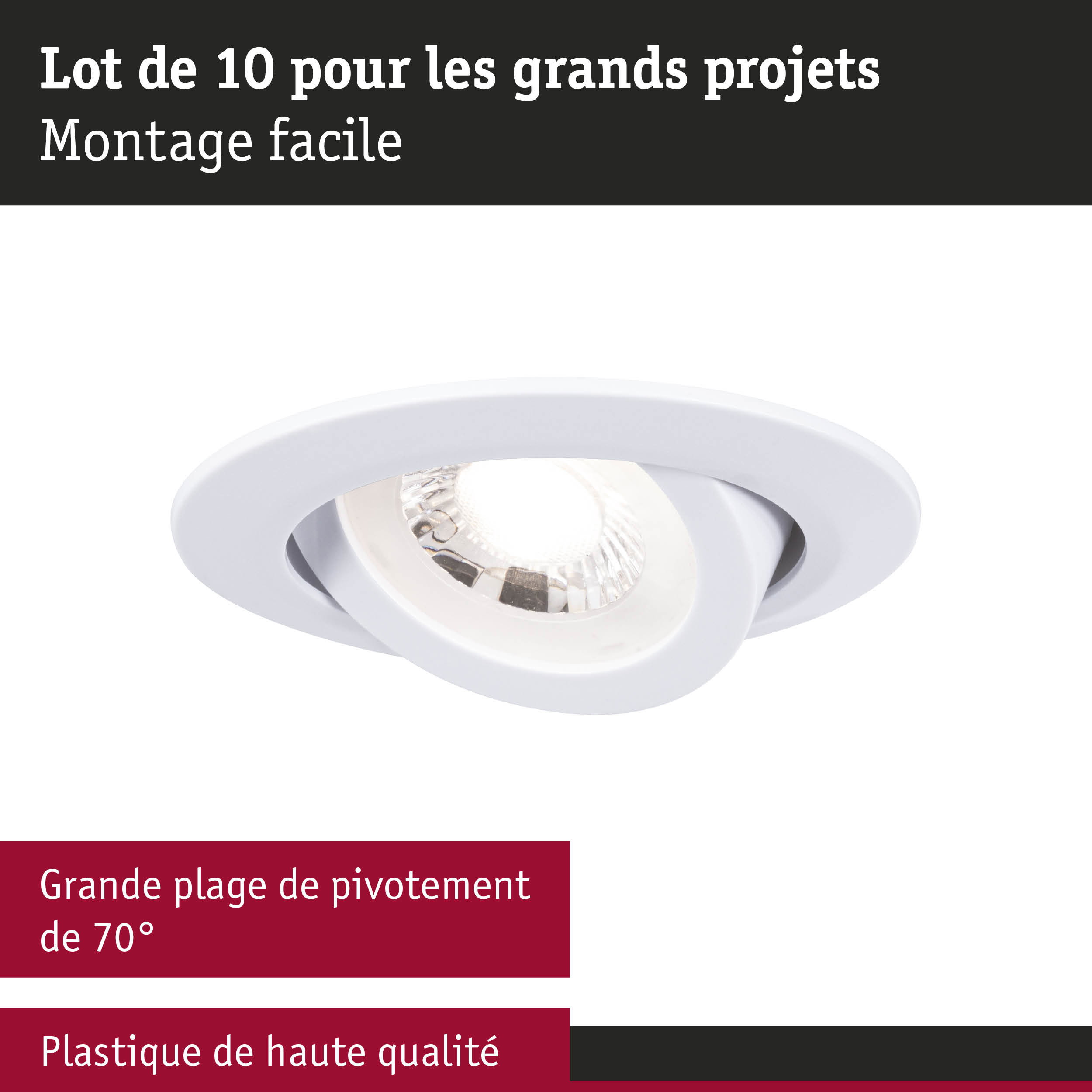 Spot encastré blanc en plastique de haute qualité avec plage de pivotement de 70° pour un éclairage flexible