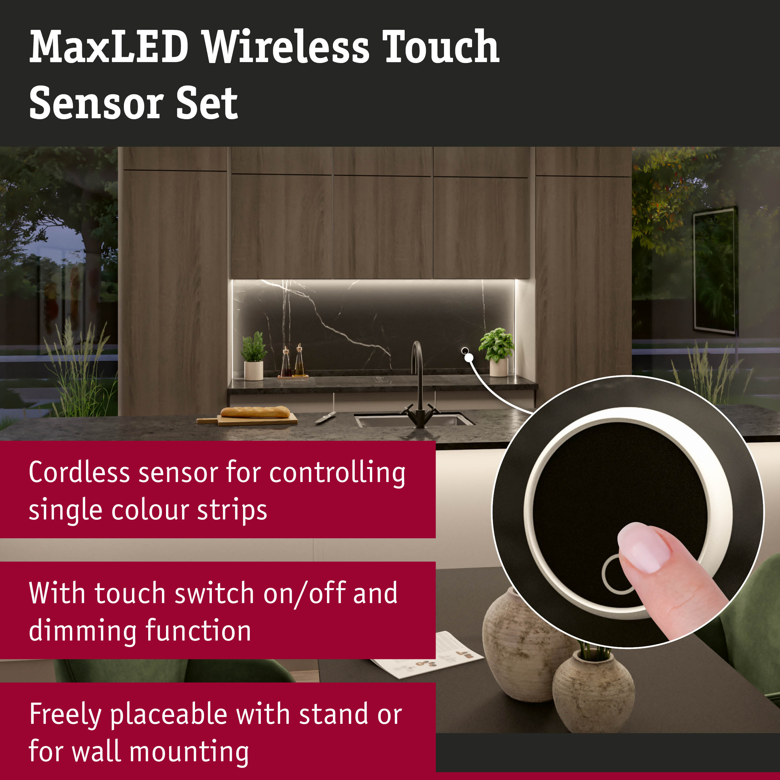 MaxLED Wireless Touch Sensor Set with cordless touch switch for LED strip lighting in modern kitchen
