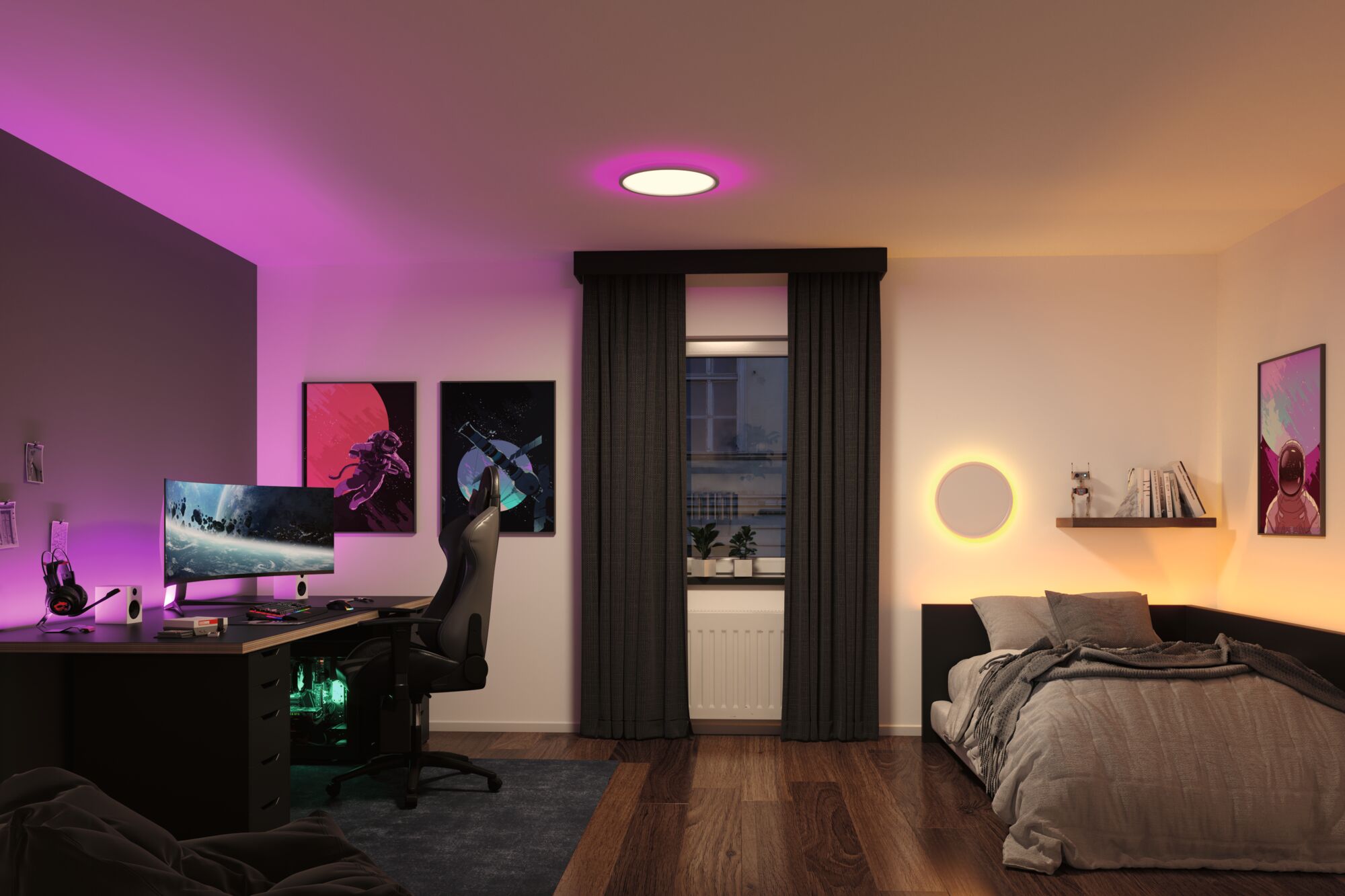 Moderne slaapkamer met ronde plafondlamp en wandlamp met warm en violet LED-kleurlicht