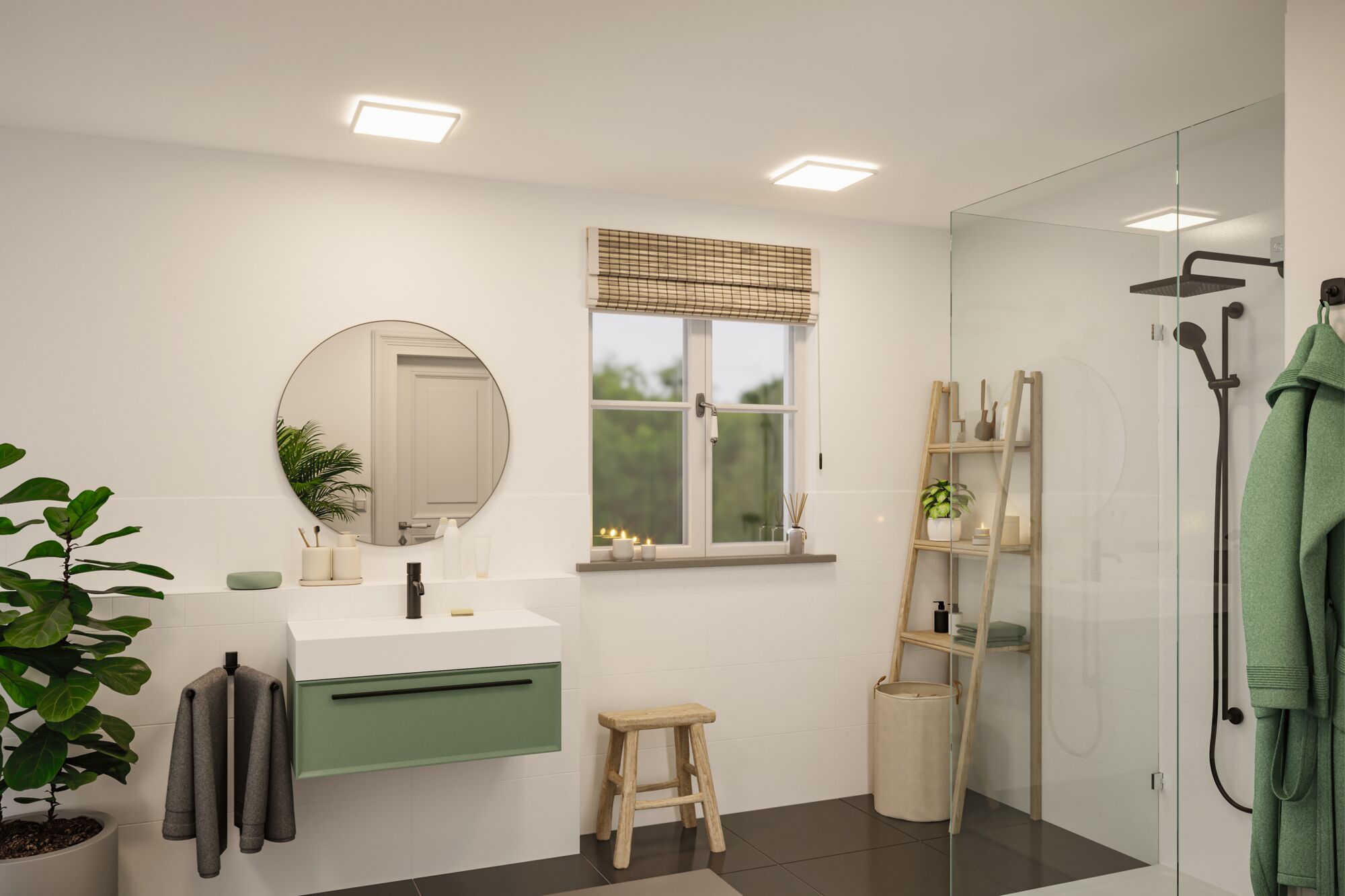 Modernes Badezimmer mit quadratischen Deckenleuchten in Weiß, grünem Waschbeckenunterschrank und Glasdusche