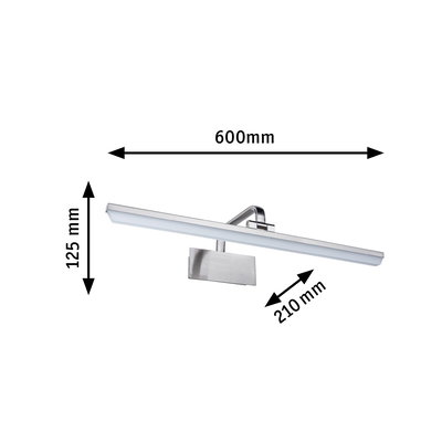 Silver brushed aluminum LED wall light measuring 600x125x210 mm for modern indoor lighting