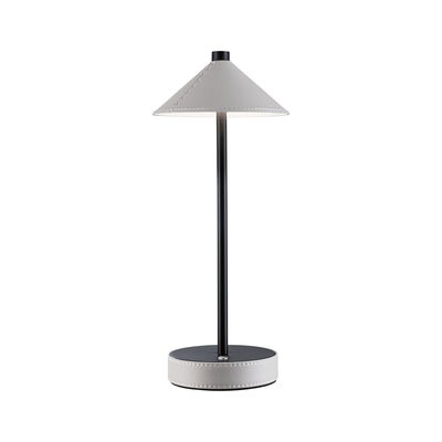 Modern table lamp with black metal rod and grey leather shade and base for stylish lighting