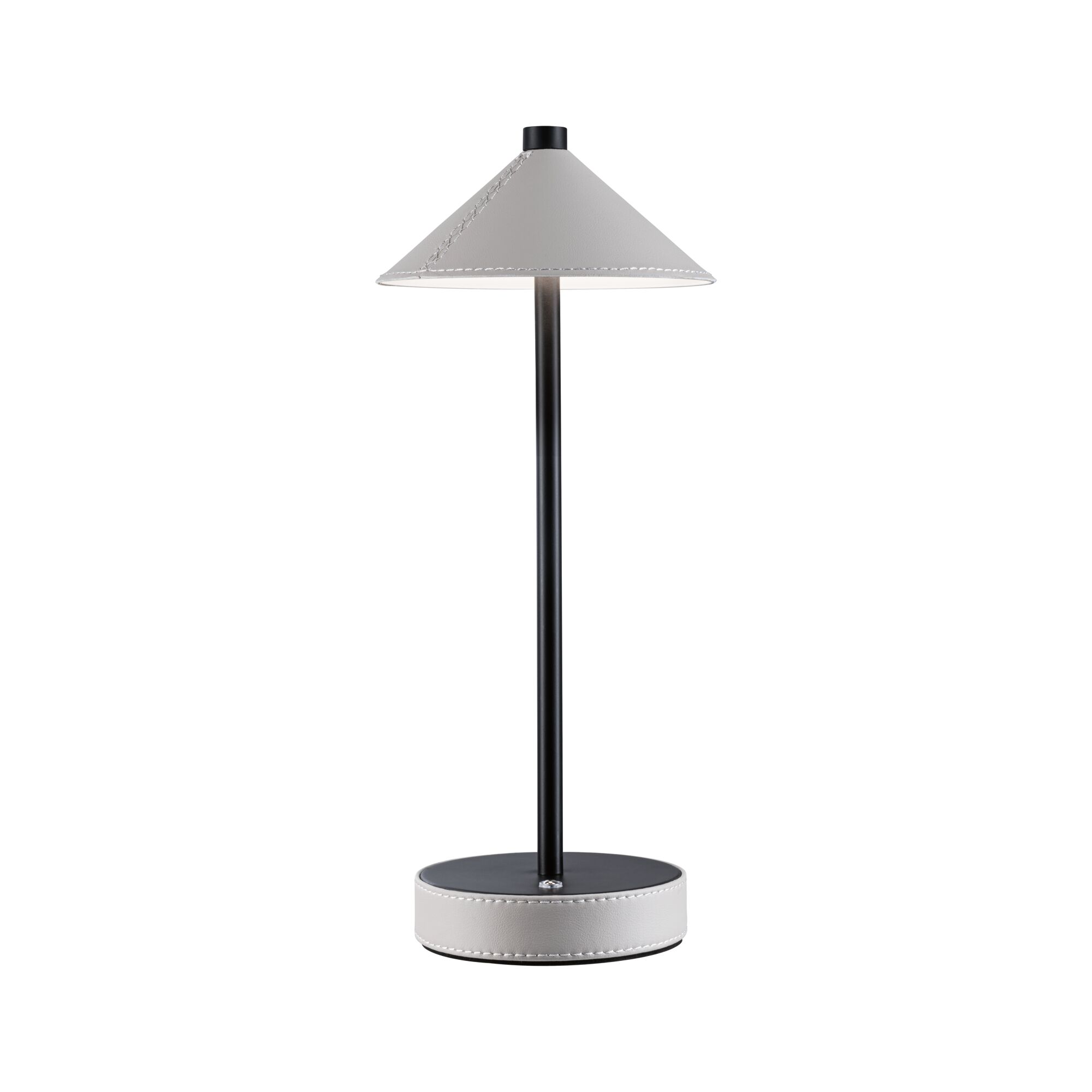 Moderne Tischlampe mit schwarzem Metallstab und grauem Leder-Schirm und Sockel für stilvolle Beleuchtung