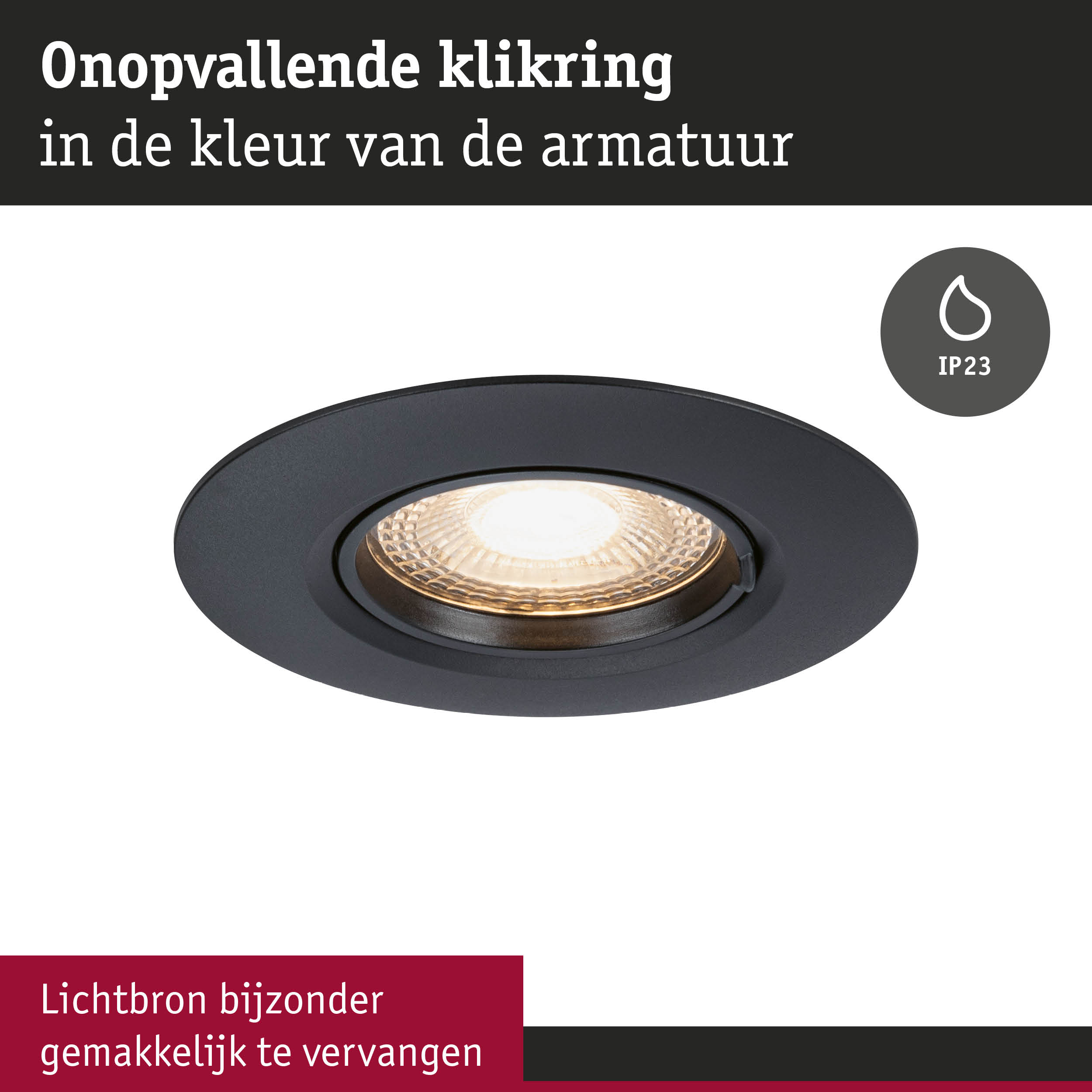 Zwarte inbouwspot met IP23-bescherming en vervangbare lichtbron voor flexibele verlichting