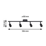 Black metal LED ceiling light with four adjustable spotlights, 584 mm wide, modern indoor lighting fixture