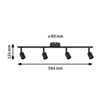 Black metal LED ceiling light with four adjustable spotlights, 584 mm wide, modern indoor lighting fixture