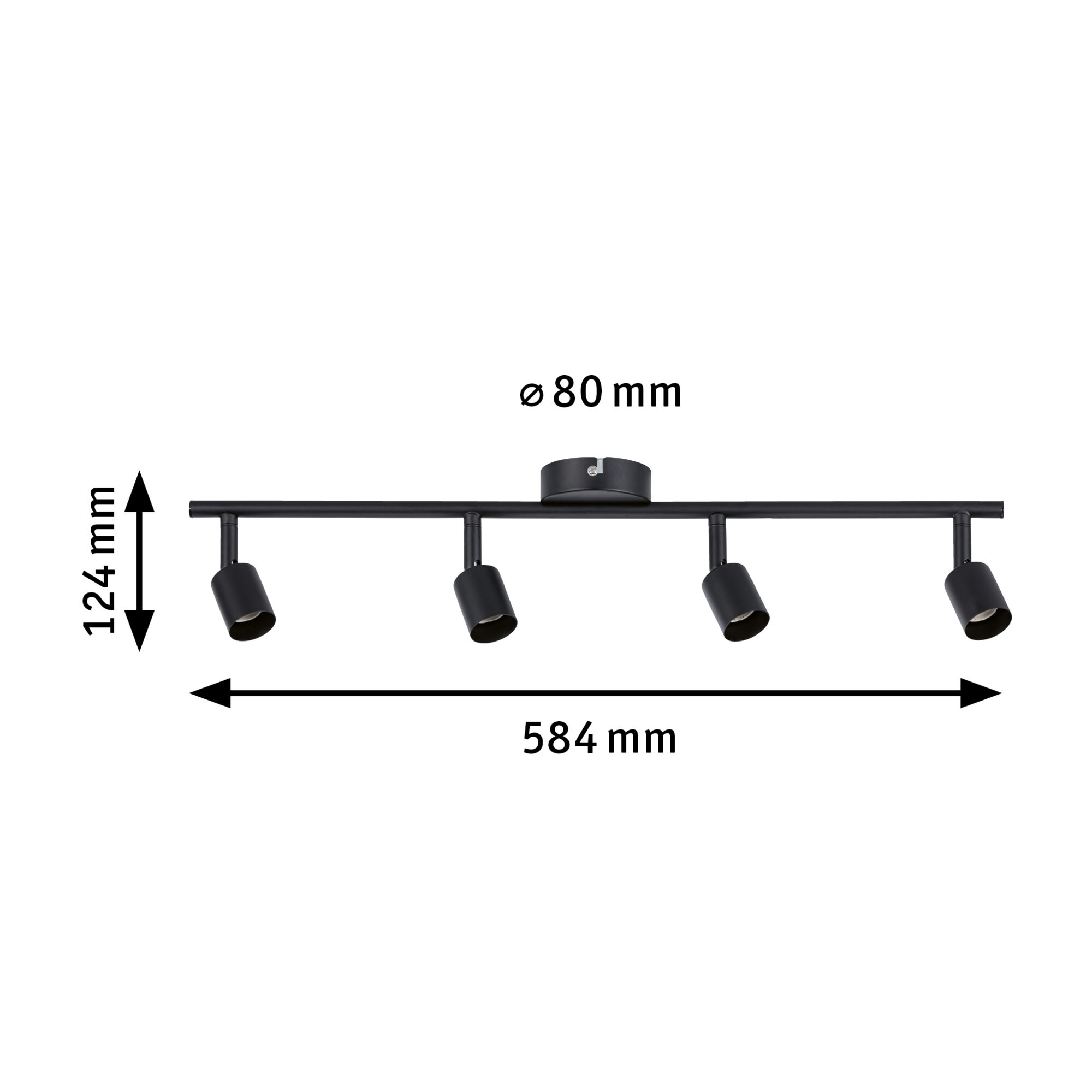 Sort metal LED-loftlampe med fire justerbare spots, 584 mm bred, moderne indendørs belysning