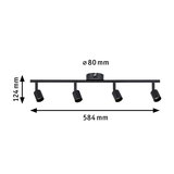 Sort metal LED-loftlampe med fire justerbare spots, 584 mm bred, moderne indendørs belysning