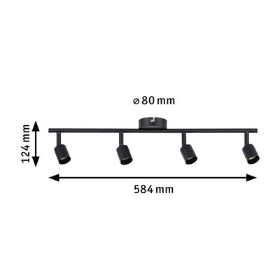 Sort metal LED-loftlampe med fire justerbare spots, 584 mm bred, moderne indendørs belysning
