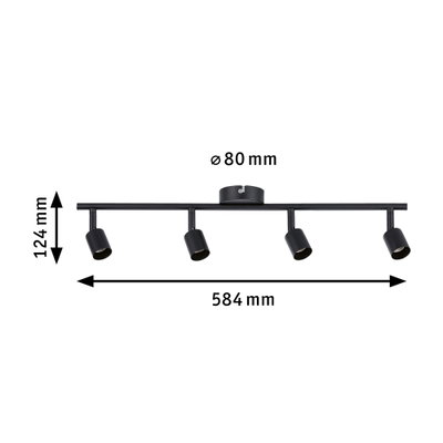 Schwarze LED-Deckenleuchte mit vier verstellbaren Spots aus Metall, 584 mm breit, moderne Innenbeleuchtung