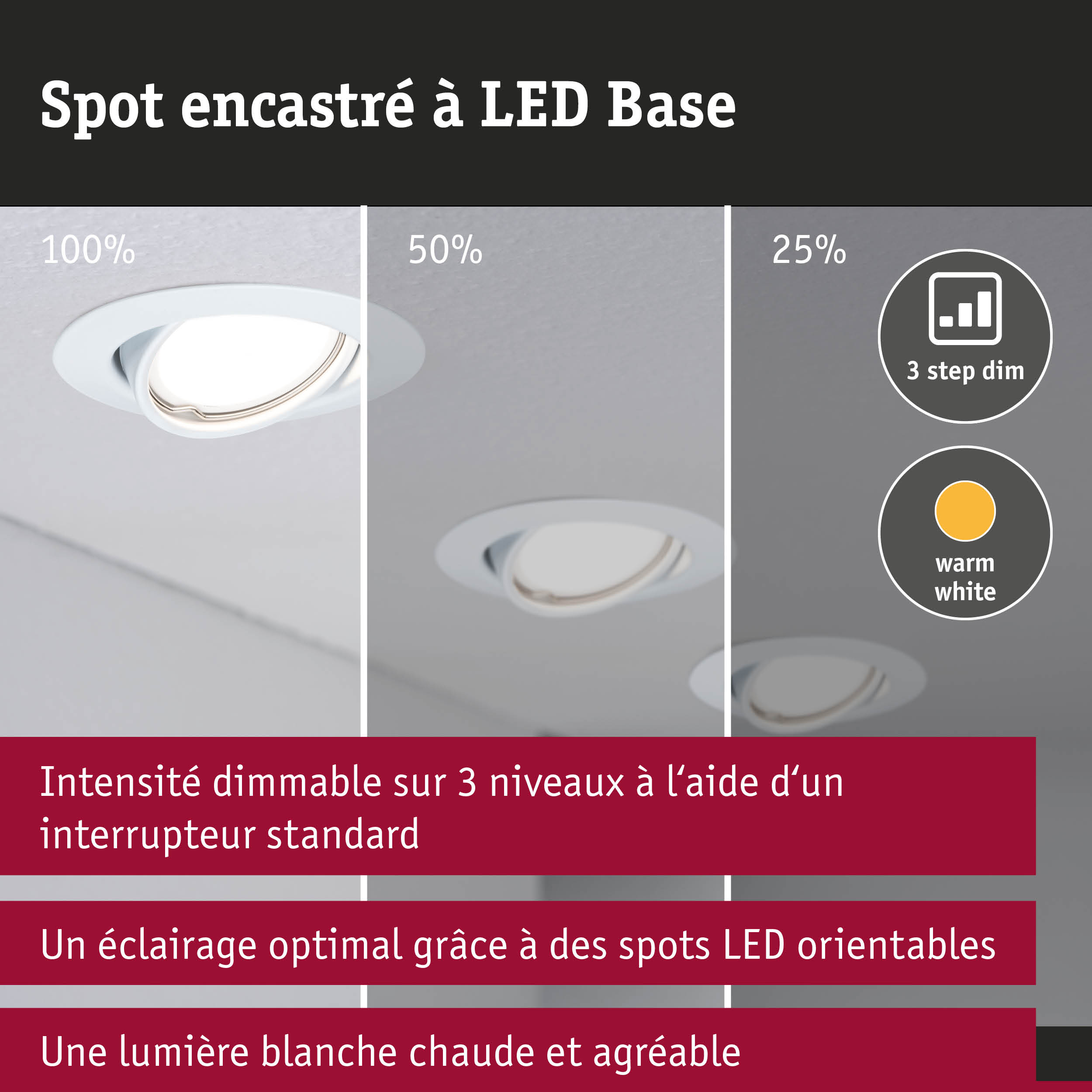 Spot LED encastré blanc avec intensité dimmable sur 3 niveaux et lumière blanc chaud