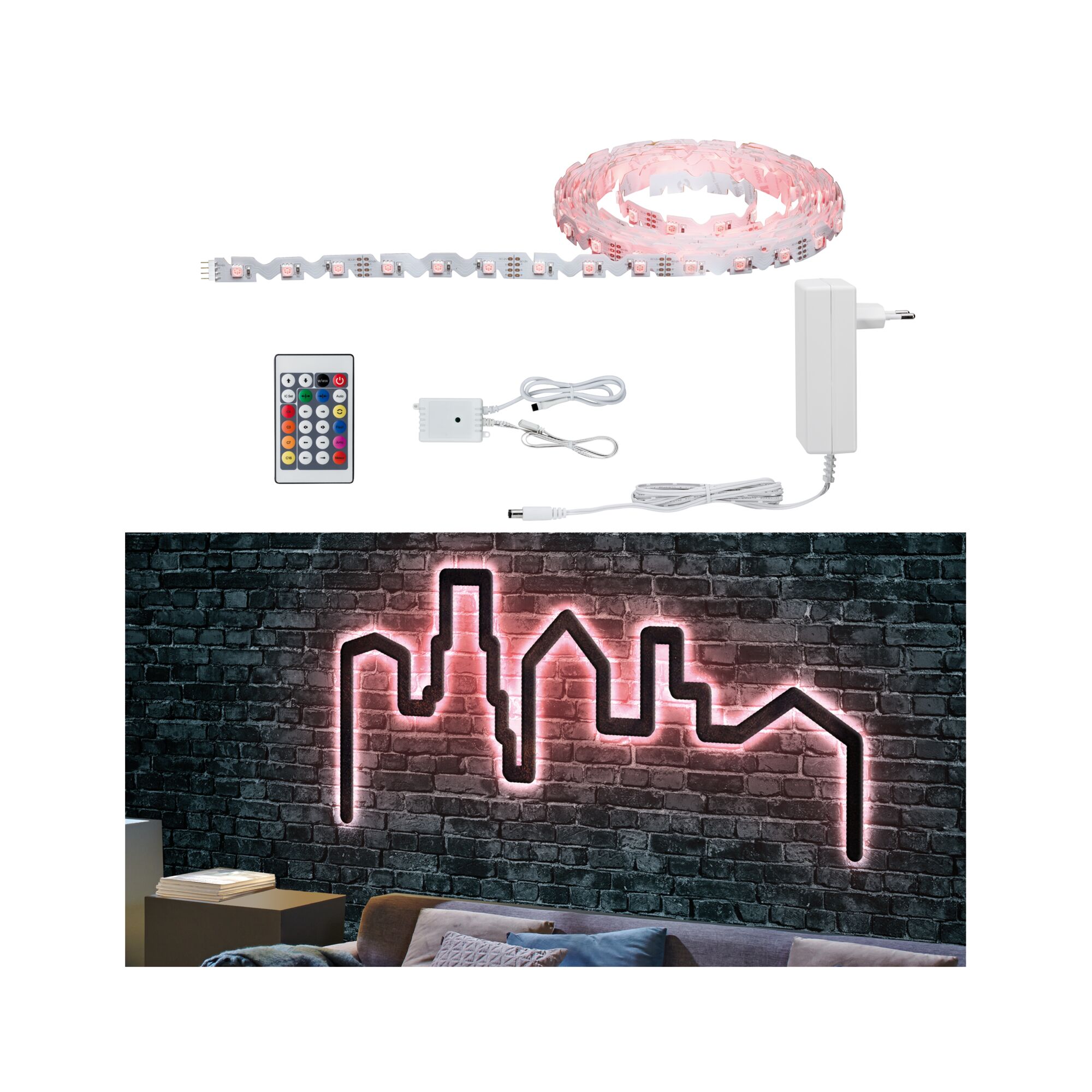 FlexLED LED Strip 3D 5m 26W 42 LEDs/m RGB 36VA LED-lichtstrip met afstandsbediening en adapter, roze gloed voor muurdecoratie met stadsprofiel.