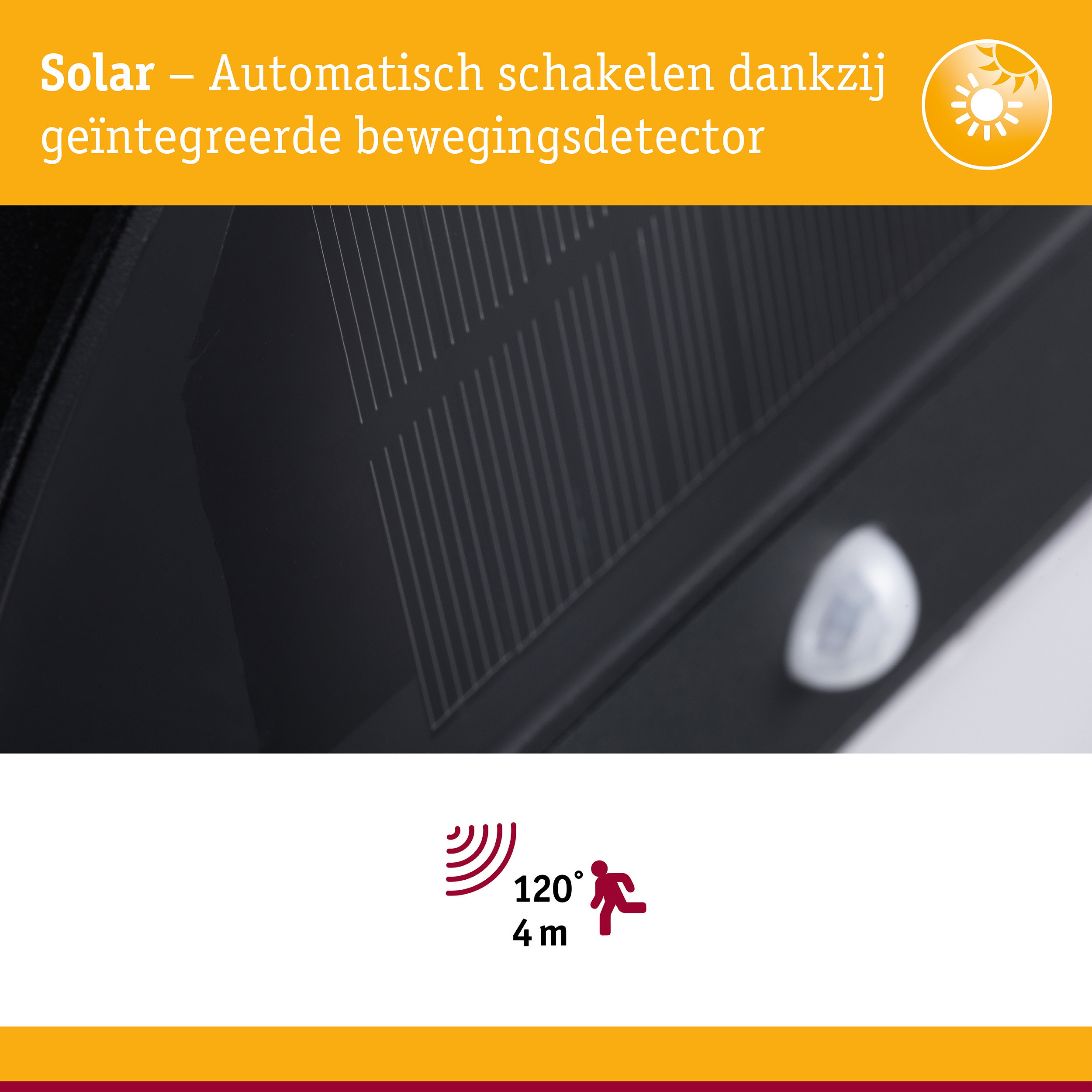 Zonne-energie bewegingssensor met 120° detectiehoek en 4 meter bereik voor buitenverlichting