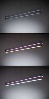 Suspension LED noire moderne avec couleurs réglables et bande rose pour espaces de vie