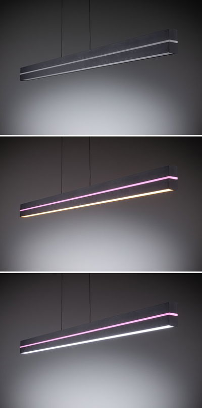 Suspension LED noire moderne avec couleurs réglables et bande rose pour espaces de vie