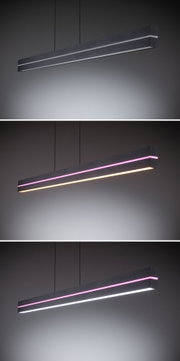 Modern black LED pendant light with coloured light strip, dimmable for living and work spaces
