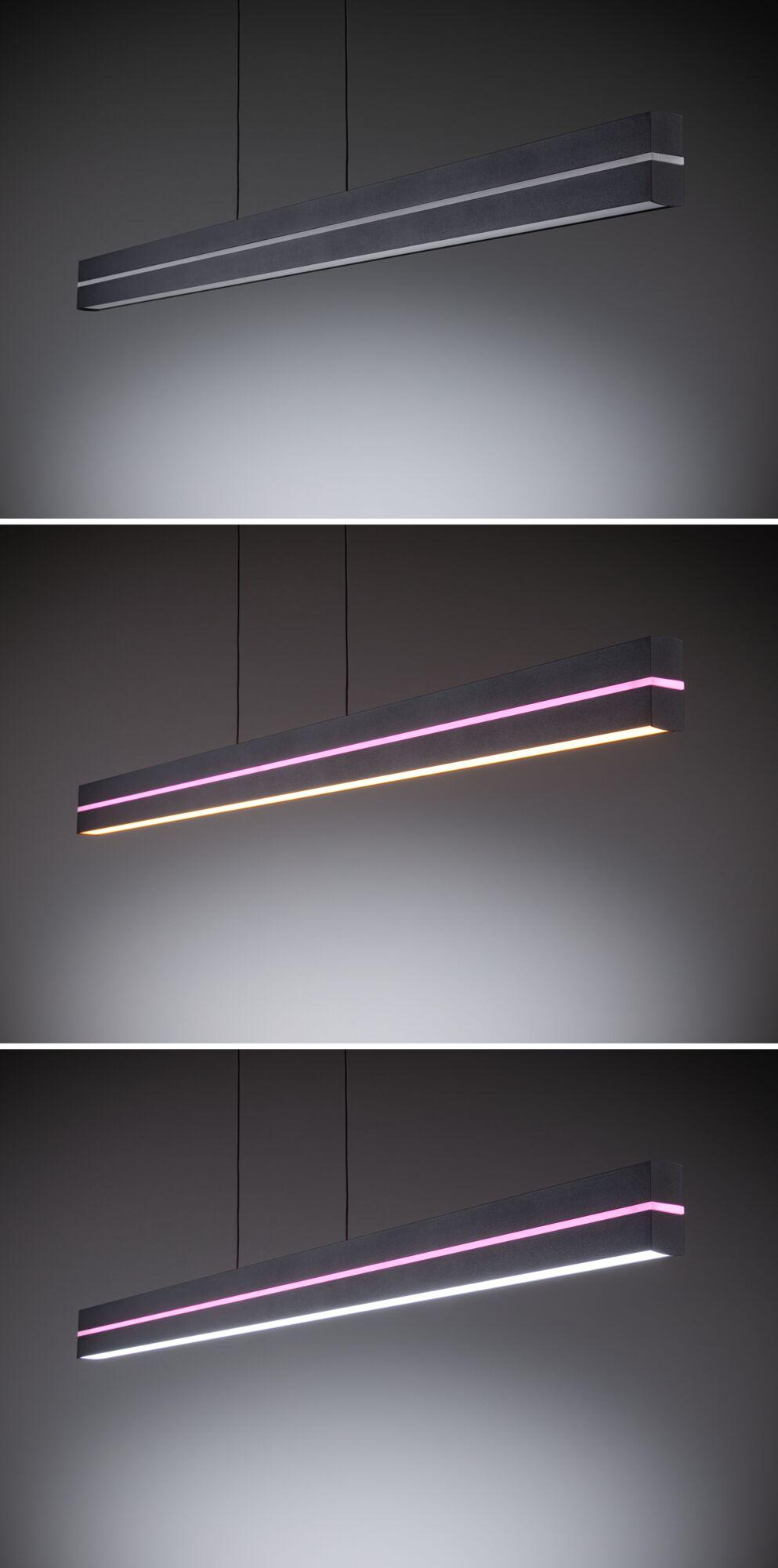 Modern black LED pendant light with coloured light strip, dimmable for living and work spaces