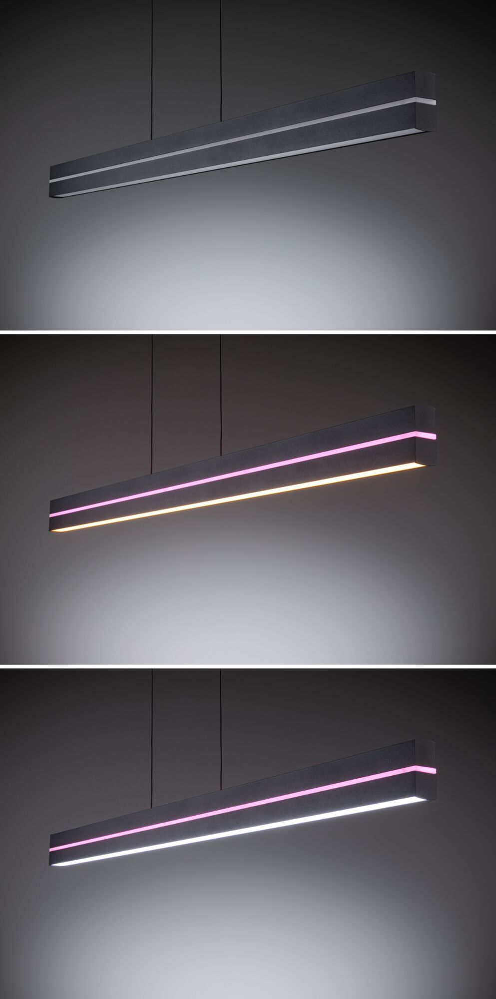 Moderne schwarze LED-Pendelleuchte mit variabler Lichtfarbe und pinkem Akzentstreifen für Wohnräume