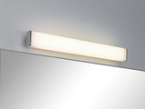 Modern LED wall light with opal glass and chrome ends above mirror, bathroom lighting