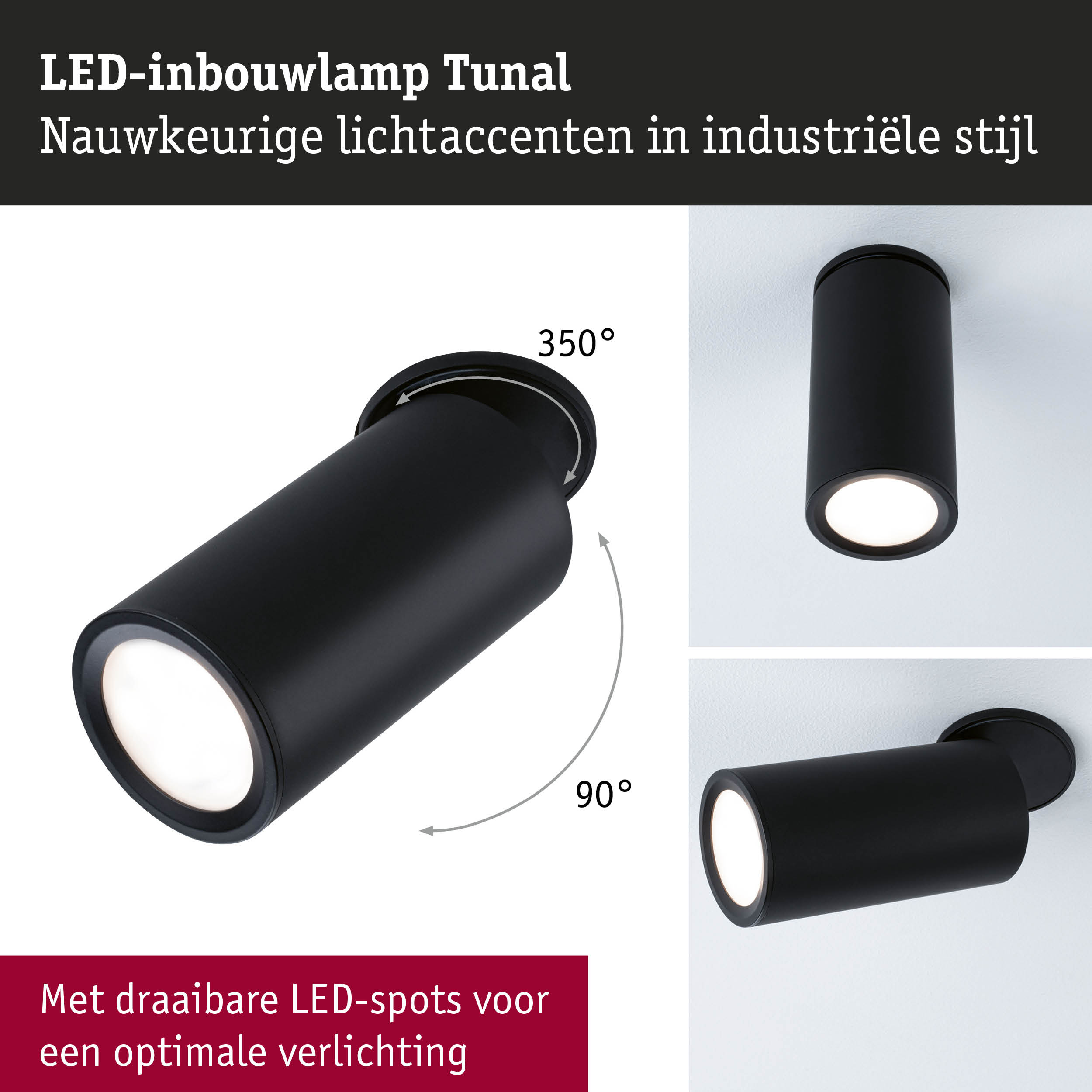 Zwarte metalen LED-inbouwlamp Tunal met draaibare spots voor nauwkeurige lichtaccenten in industriële stijl
