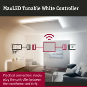 MaxLED Tunable White Controller with practical plug connection for LED strip and transformer in living room