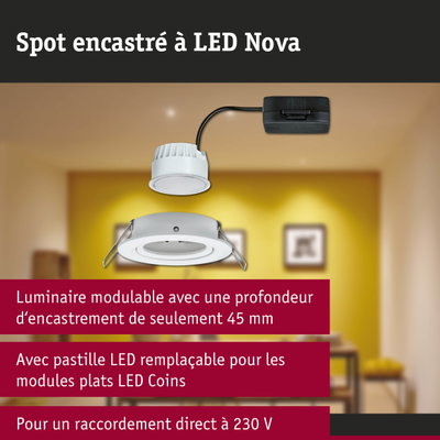 Spot encastré LED Nova blanc avec câble noir pour éclairage intérieur économe en énergie