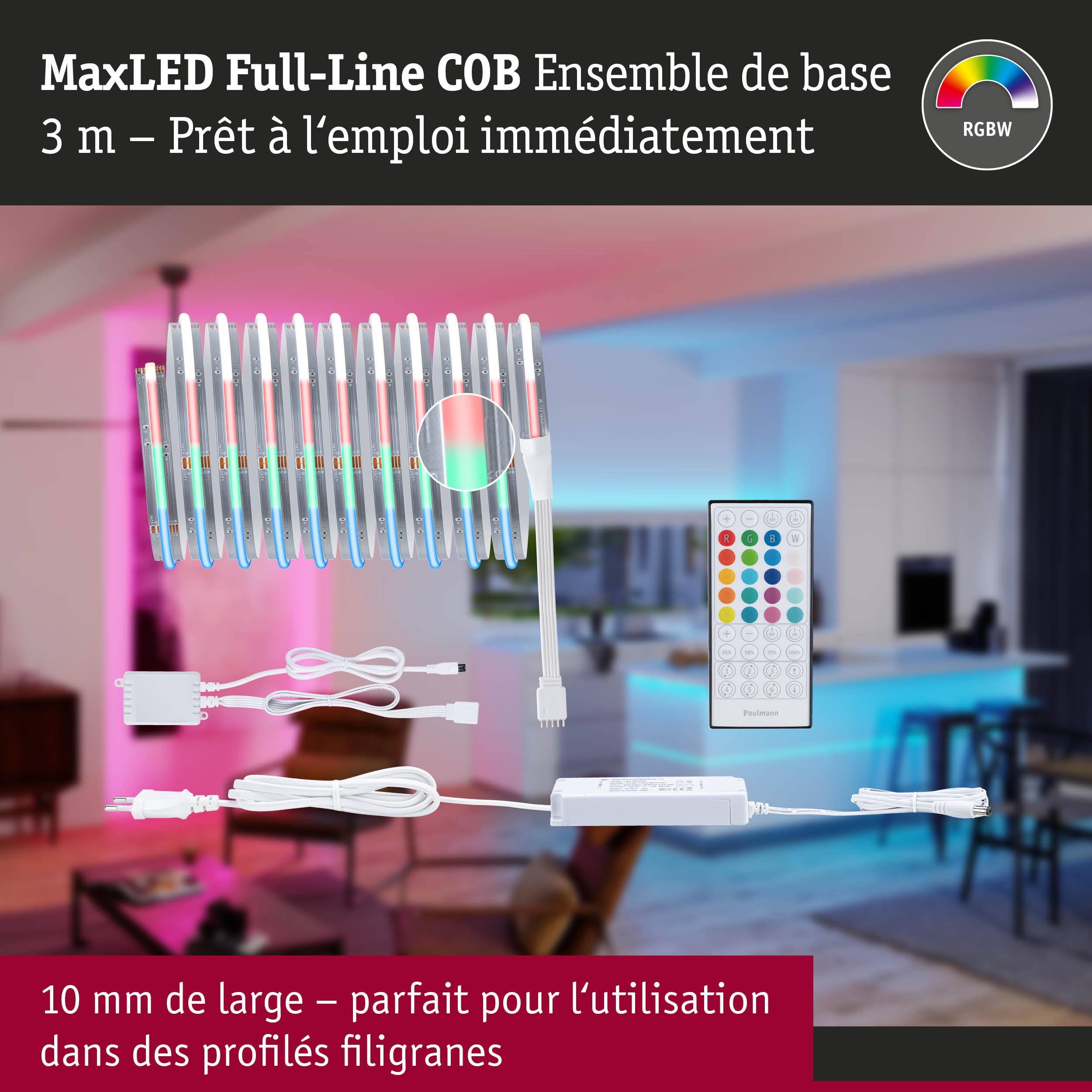 Bande LED MaxLED Full-Line COB RGBW 3m avec télécommande et alimentation pour profils fins
