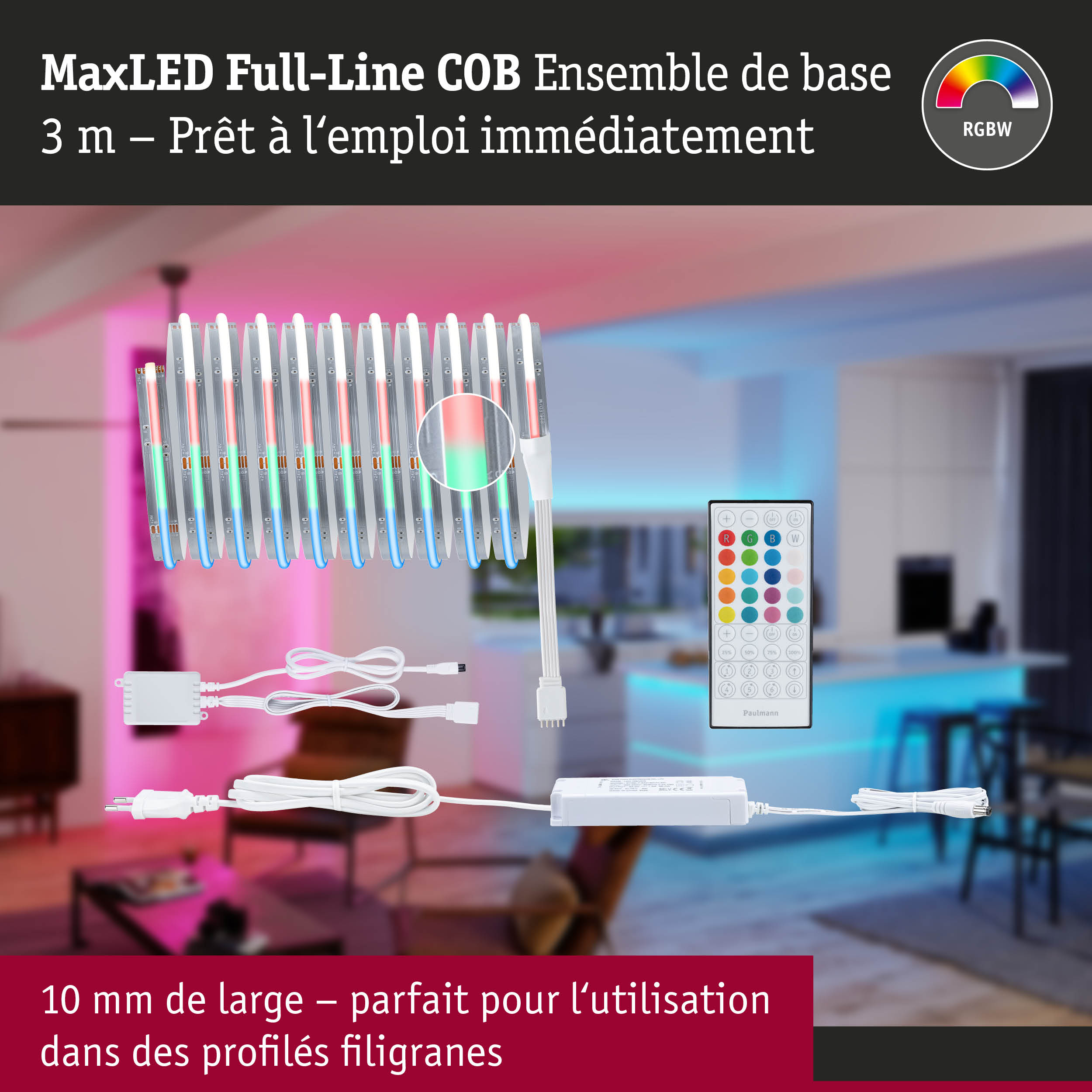 Kit bande LED MaxLED Full-Line COB 3m avec télécommande pour contrôle lumière RGBW