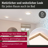 Runde Deckenleuchte mit hochwertigem Holz-Dekor-Look in Beige, spritzwassergeschützt für Badezimmer.