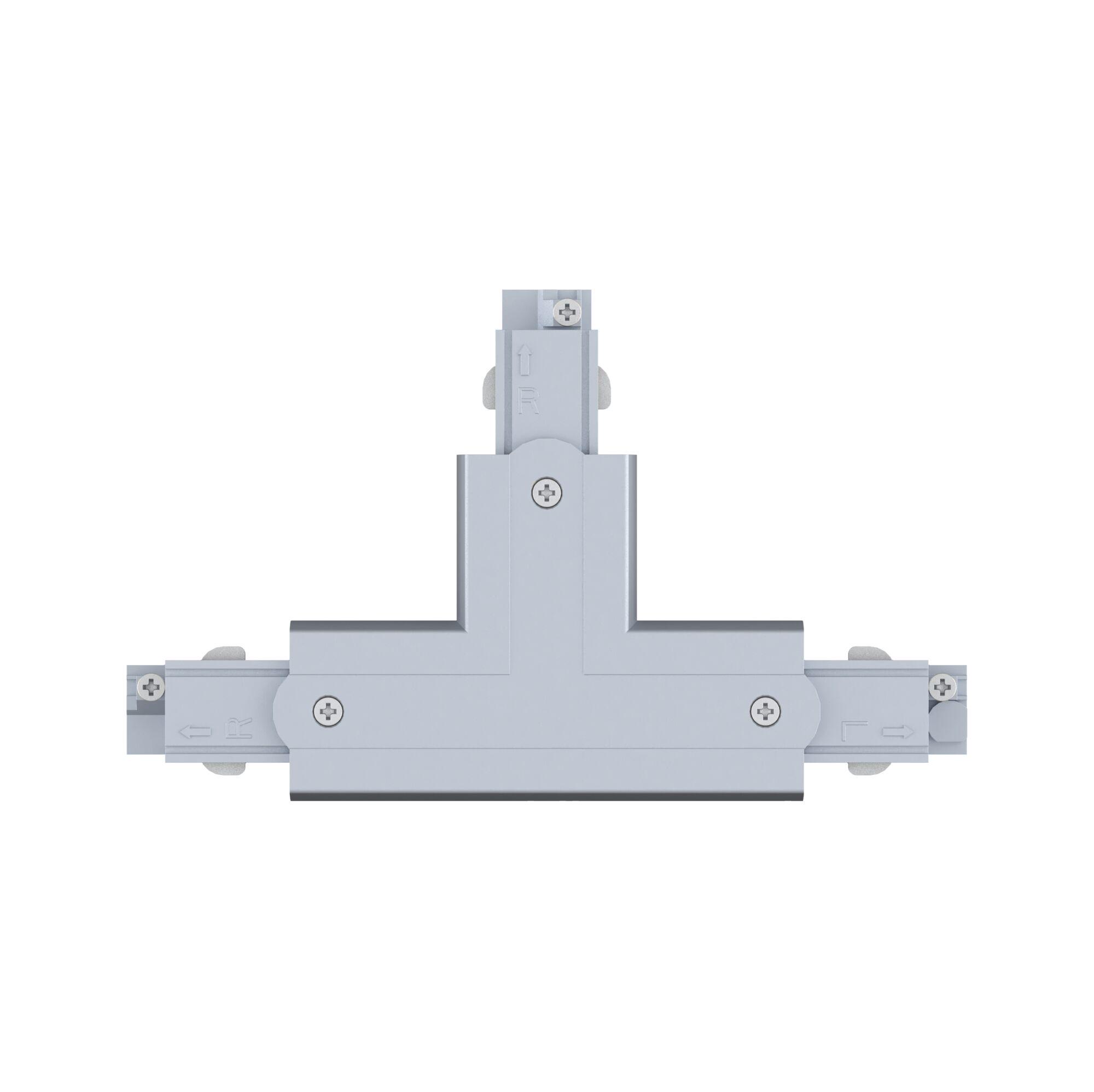 Grey metal T-shaped connector with screws for track lighting systems and electrical connections