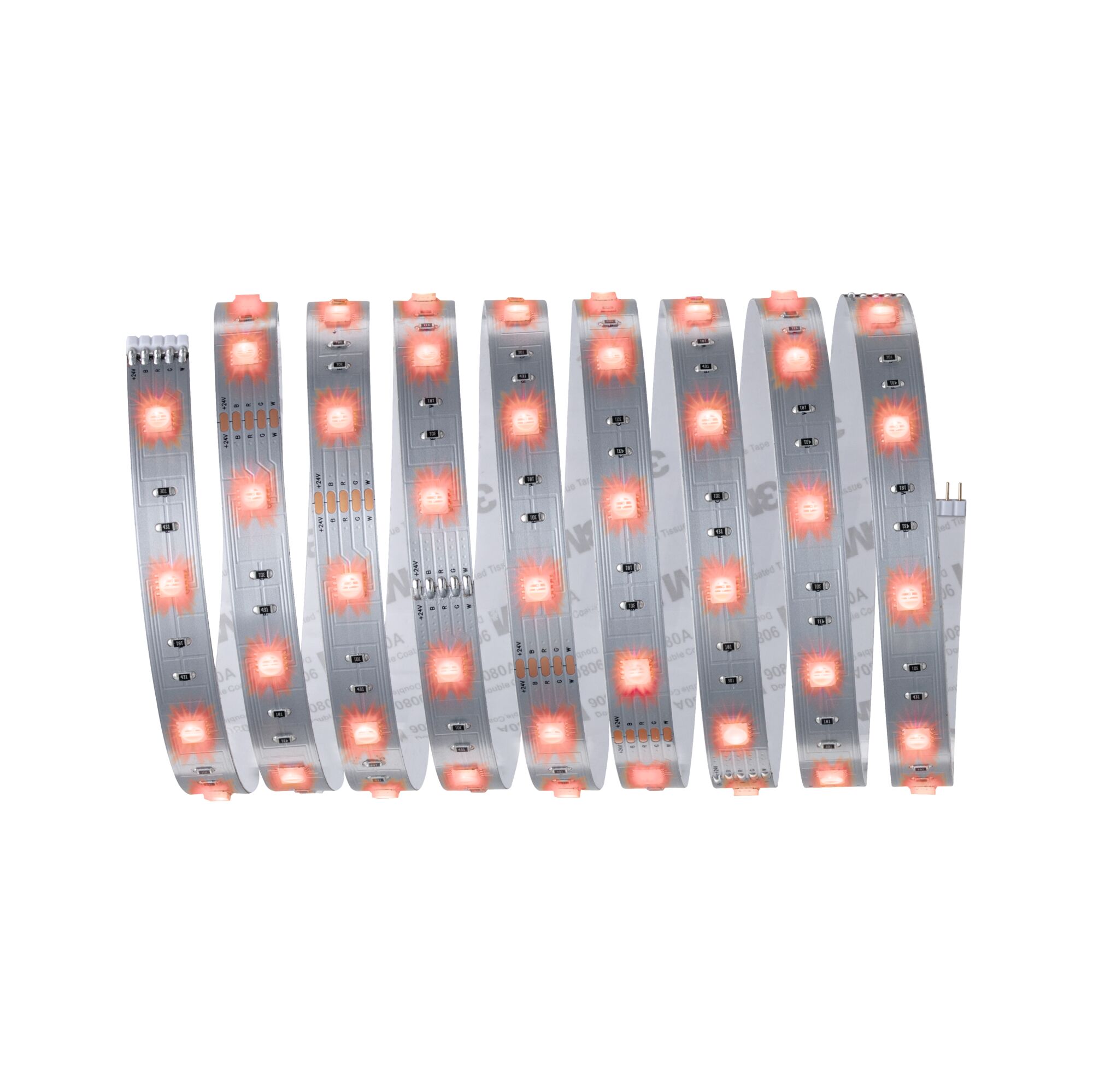 Flexibler LED-Lichtstreifen mit roten LEDs auf silberner Platine für moderne Beleuchtungslösungen