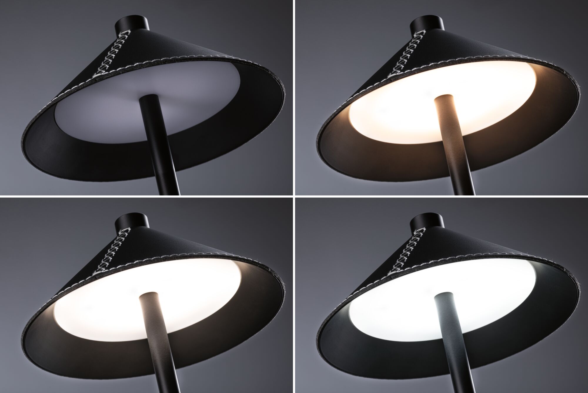 Quatre vues d'une lampe sur pied noire avec abat-jour conique et éclairage LED réglable pour intérieur