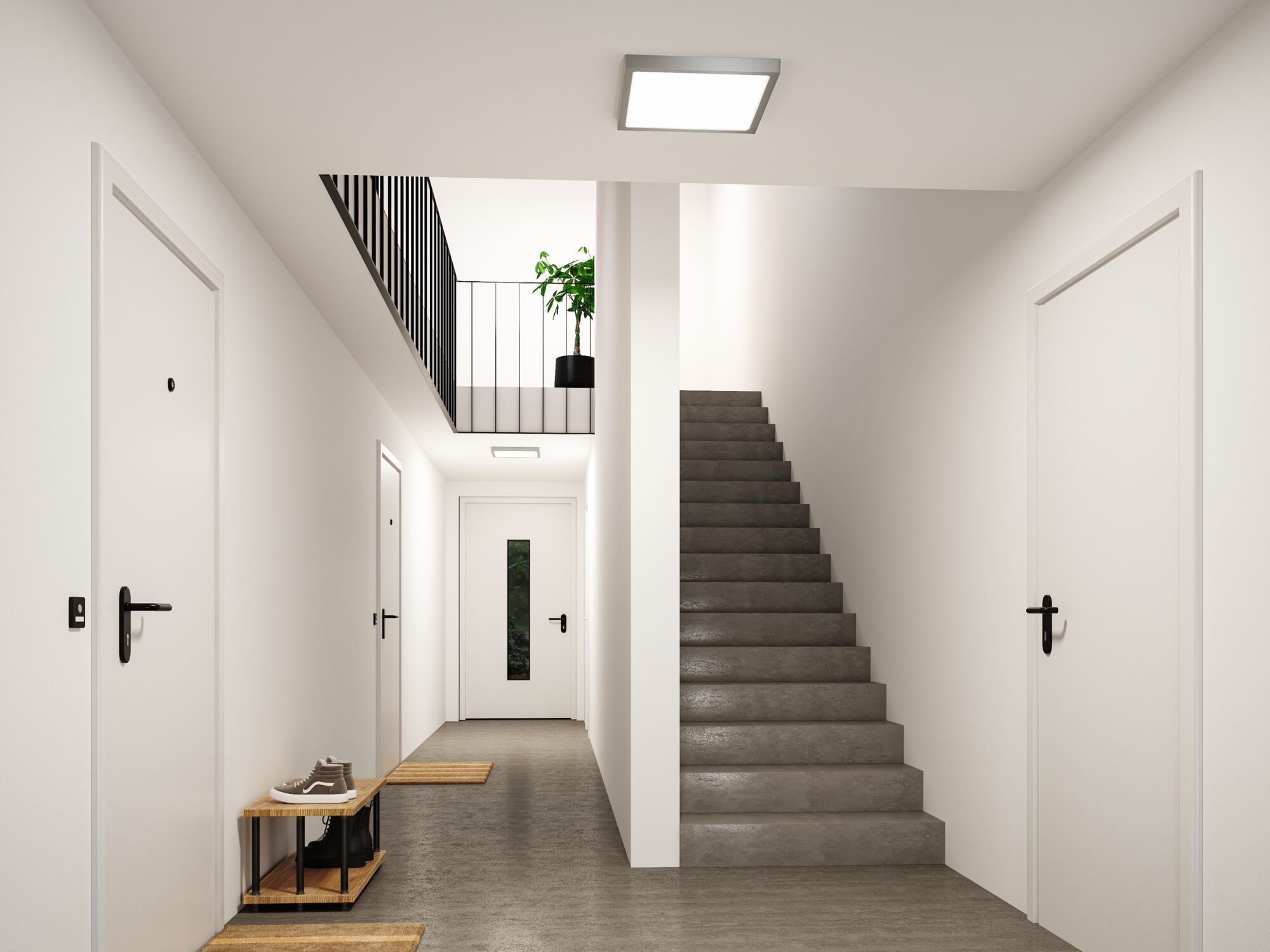 Moderner Flur mit grauem Boden, weißen Türen und quadratischer Deckenleuchte für LED-Beleuchtung