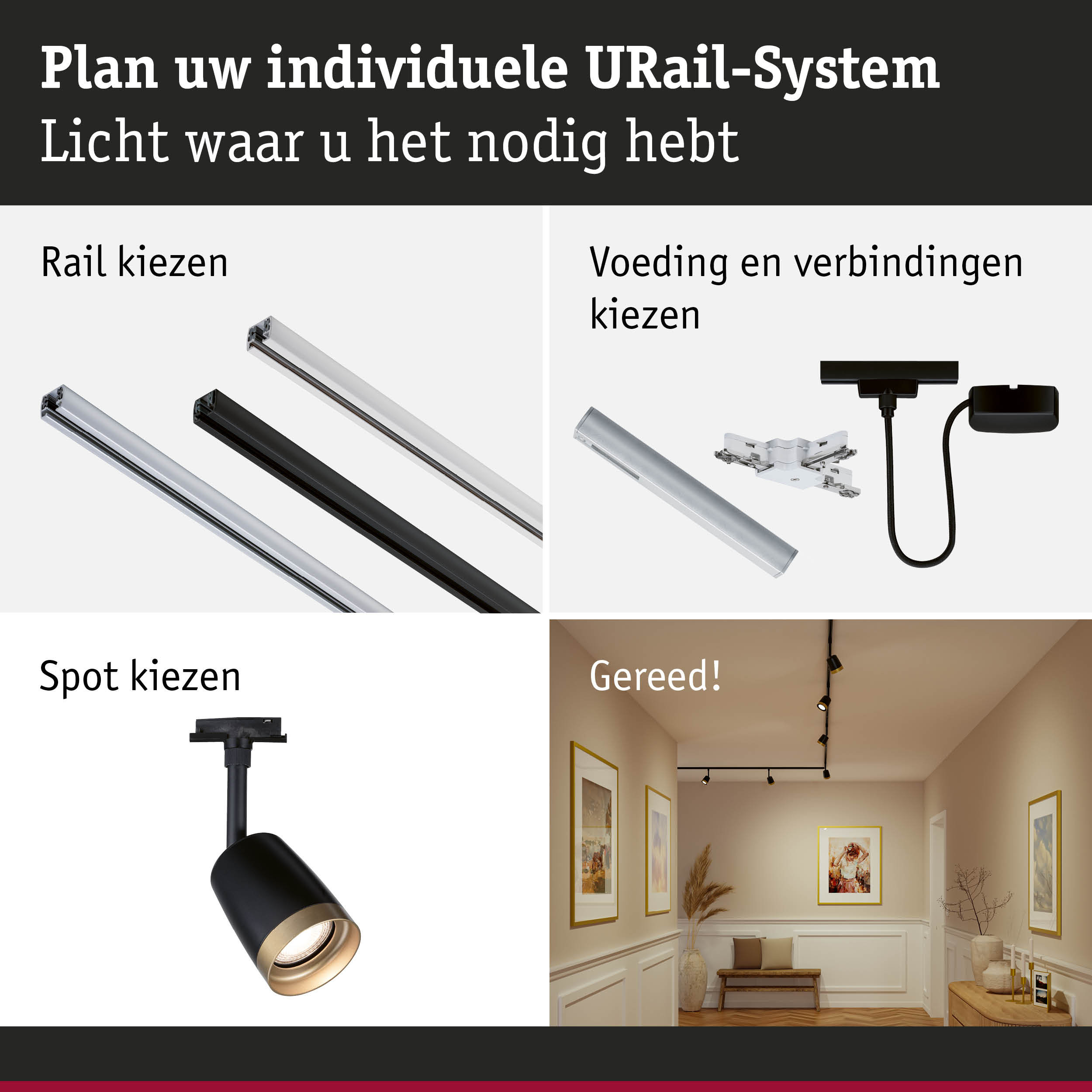 Modulair URail-systeem met zwarte en witte rails, connectoren en spots voor flexibele LED-verlichting