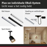 Modulair URail-systeem met zwarte en witte rails, connectoren en spots voor flexibele LED-verlichting