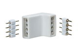 White plastic angled connector with metal pins for LED light strips, electrical connection part.
